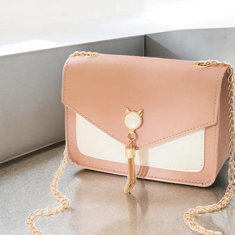 Small Crossbody Bags for Women - Pink Purse with Cat Lock, Casual Chain Shoulder Bags, Trendy PU Leather Purse for Daily Use