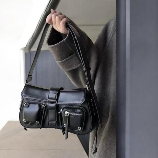 Vegan Leather Punk Y2K Gothic Aesthetic Shoulder Bag | Harajuku Vintage Black Handbag | Punk Large Capacity Bag | Trendy Women Hand Bag