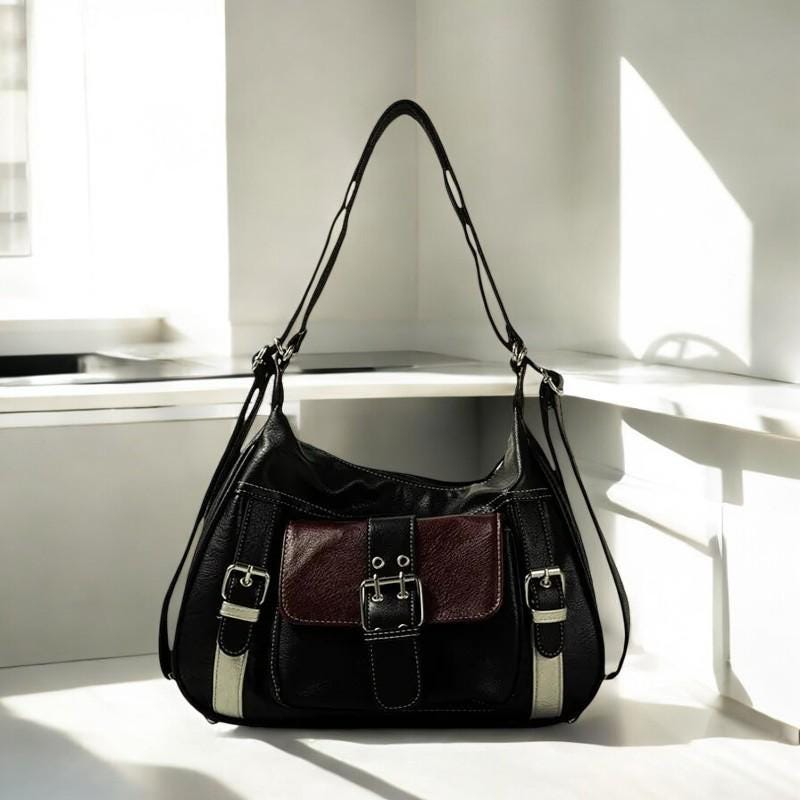 Vegan Leather Punk Y2K Vintage Grunge Crossbody Bag | Retro Y2K Shoulder Bag for Women | Moto Biker Aesthetic Leather Messenger Bag Female