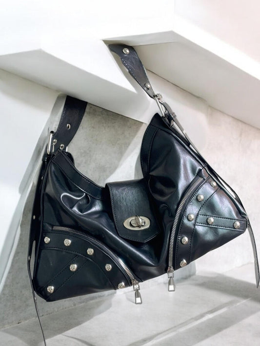 Y2K Gothic Rivet Shoulder Bag | Vintage Black Punk Handbag | Designer Large Capacity Crossbody Bag for Women | Rock Style Purse | Women Bag