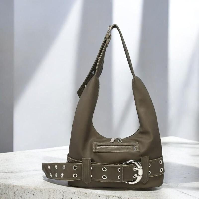 Y2K Rivet Shoulder Bag | Luxury Designer PU Leather Tote | Large Capacity Hand Bag with Belt Buckle for Women | Trendy Women Hand Bag Purse