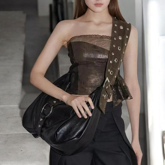 Vegan Leather Punk Y2K Shoulder Bag | Large Capacity Rivet Messenger Bag | Designer Vintage Shoulder Handbag| Urban Crossbody Bag Women