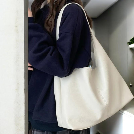 Everyday Soft Leather Tote Bag | Vegan Shoulder Bag for Women | High-Capacity Shopping Purse with Solid Color Design
