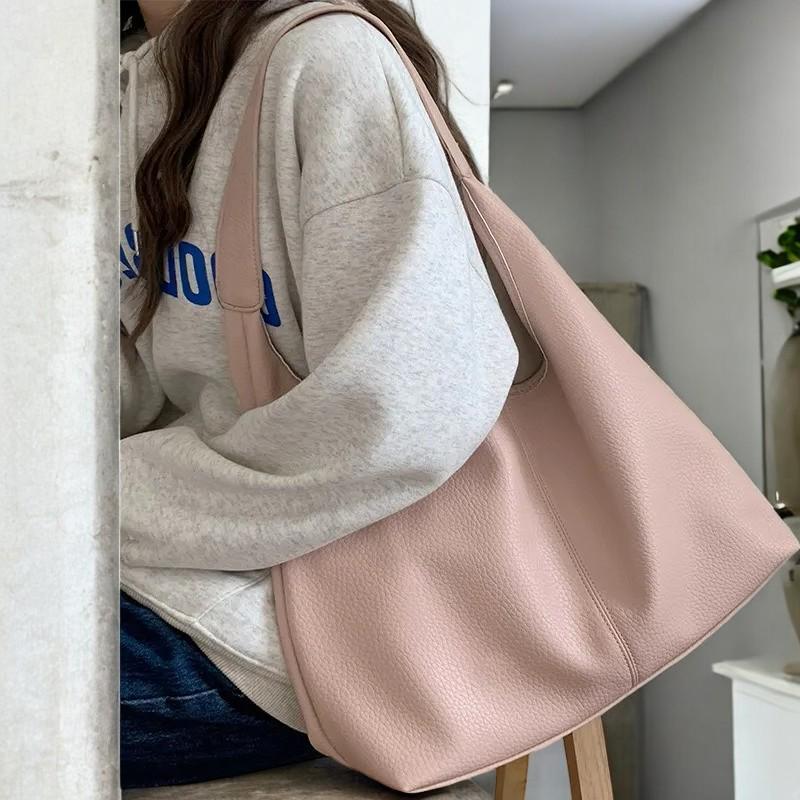 Everyday Soft Leather Tote Bag | Vegan Shoulder Bag for Women | High-Capacity Shopping Purse with Solid Color Design