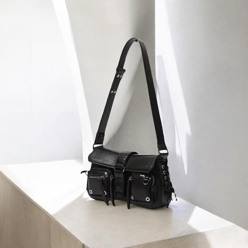 Vegan Leather Punk Y2K Gothic Aesthetic Shoulder Bag | Harajuku Vintage Black Handbag | Punk Large Capacity Bag | Trendy Women Hand Bag