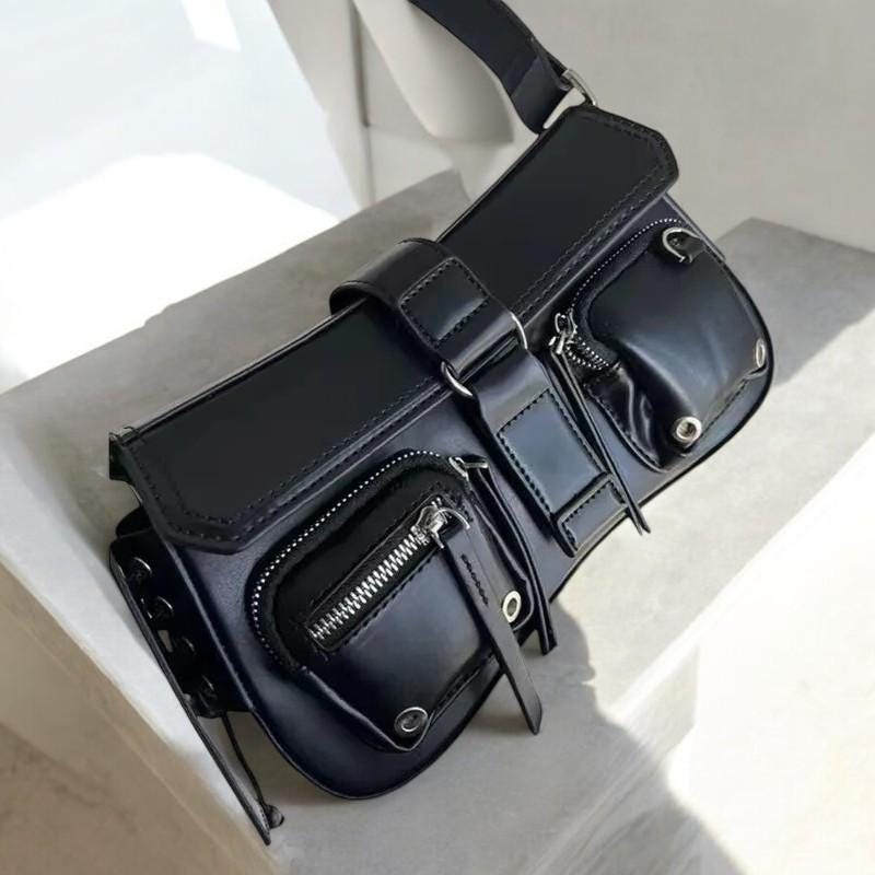 Vegan Leather Punk Y2K Gothic Aesthetic Shoulder Bag | Harajuku Vintage Black Handbag | Punk Large Capacity Bag | Trendy Women Hand Bag