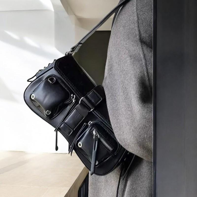 Vegan Leather Punk Y2K Gothic Aesthetic Shoulder Bag | Harajuku Vintage Black Handbag | Punk Large Capacity Bag | Trendy Women Hand Bag