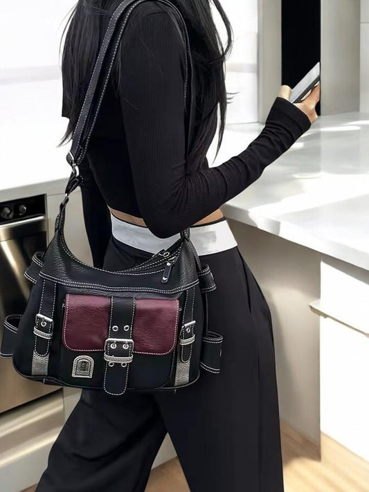 Vegan Leather Punk Y2K Vintage Grunge Crossbody Bag | Retro Y2K Shoulder Bag for Women | Moto Biker Aesthetic Leather Messenger Bag Female