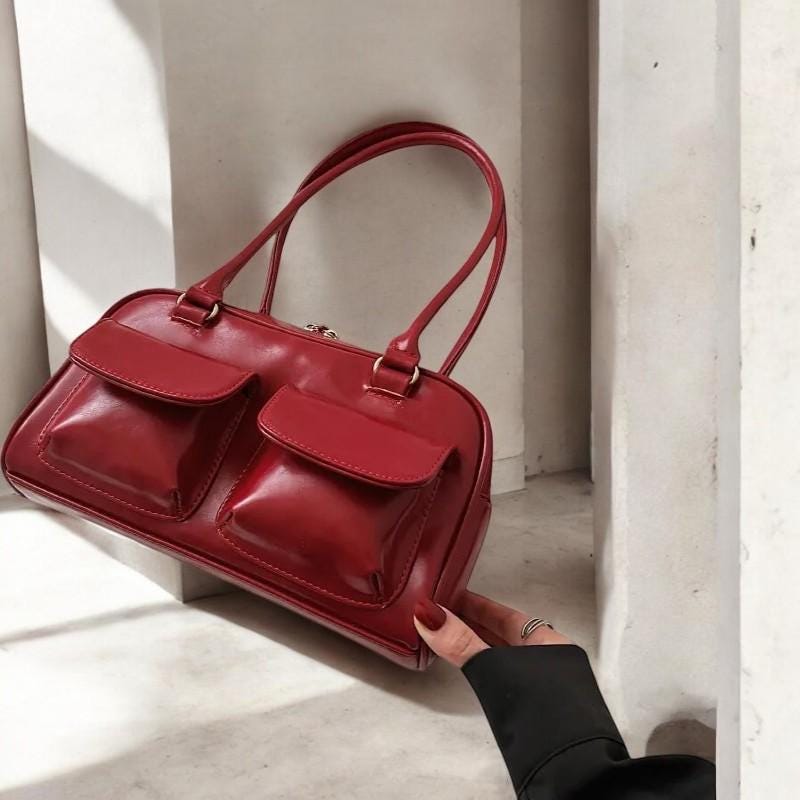 Vintage PU Leather Shoulder Bag | Double Pocket Design Underarm Handbag for Women | Stylish Commuter Women Handbag and Purse for Ladies
