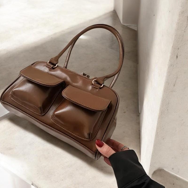 Vintage PU Leather Shoulder Bag | Double Pocket Design Underarm Handbag for Women | Stylish Commuter Women Handbag and Purse for Ladies