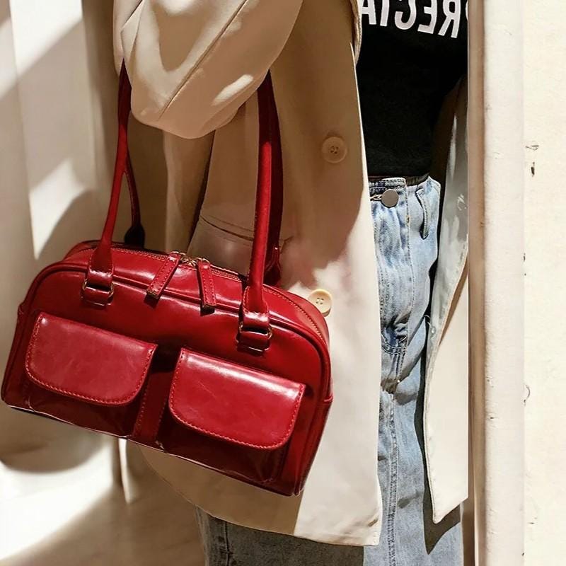 Vintage PU Leather Shoulder Bag | Double Pocket Design Underarm Handbag for Women | Stylish Commuter Women Handbag and Purse for Ladies