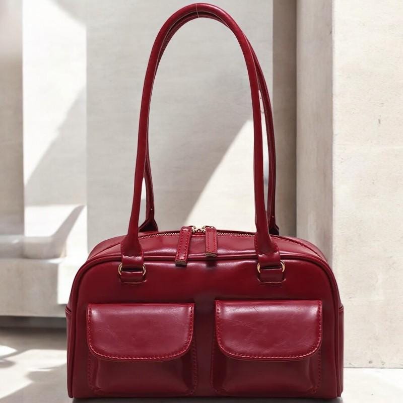 Vintage PU Leather Shoulder Bag | Double Pocket Design Underarm Handbag for Women | Stylish Commuter Women Handbag and Purse for Ladies