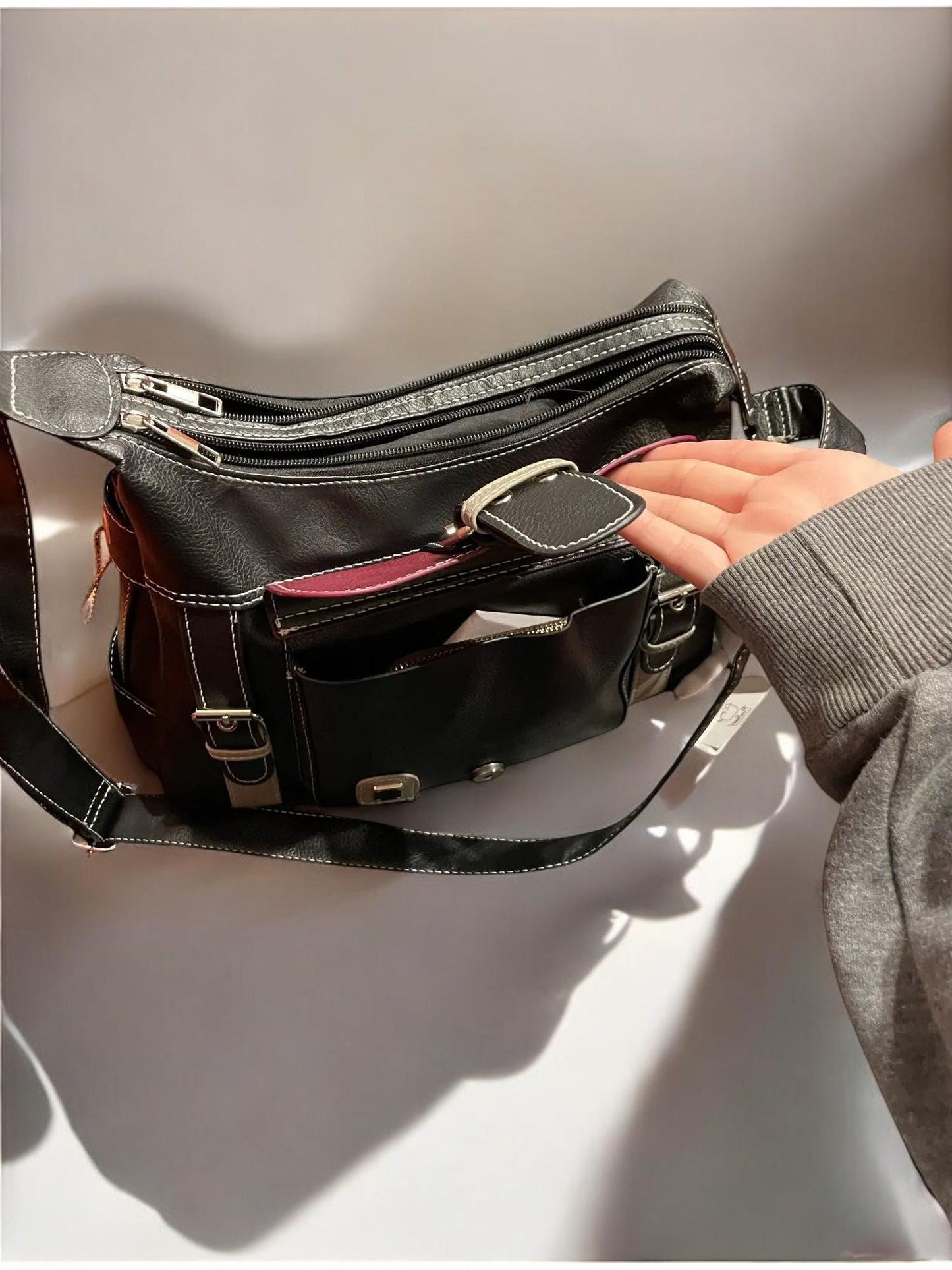 Vegan Leather Punk Y2K Vintage Grunge Crossbody Bag | Retro Y2K Shoulder Bag for Women | Moto Biker Aesthetic Leather Messenger Bag Female