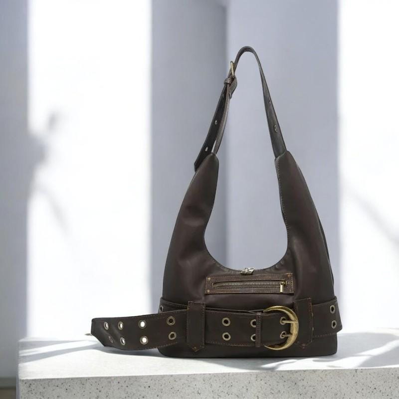 Y2K Rivet Shoulder Bag | Luxury Designer PU Leather Tote | Large Capacity Hand Bag with Belt Buckle for Women | Trendy Women Hand Bag Purse