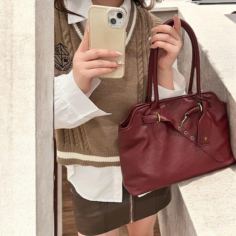 Women's Spring Designer Handbag - Large Leather Y2K Purse, Travel Shoulder Bag, Fashion PU Leather Tote, Y2K Handbag, Feminine Hobo Style