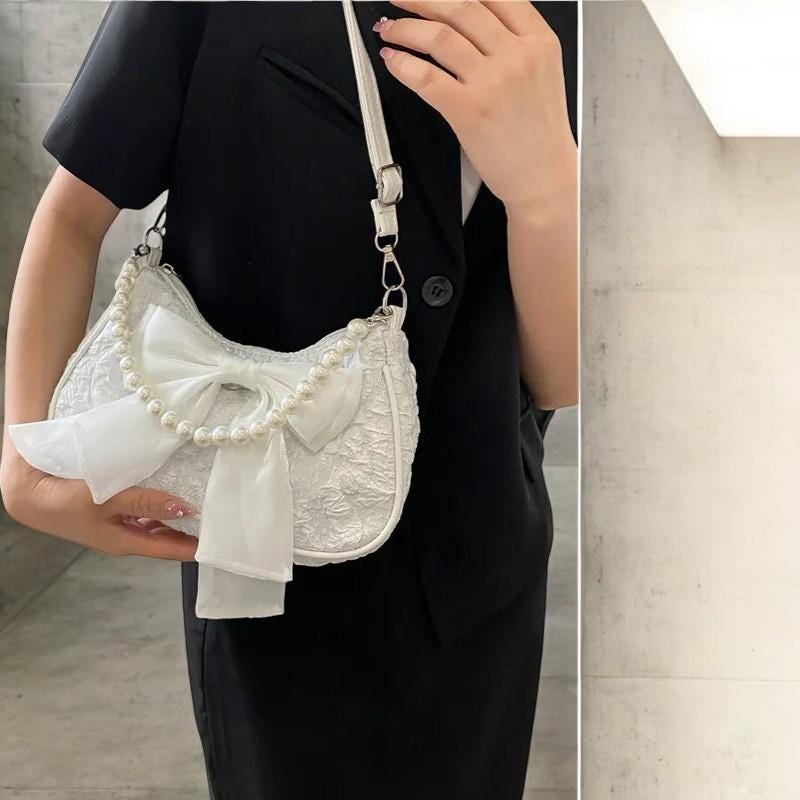 Women's Pearl Bow Canvas Handbag – Fashionable Shoulder Bag, Trendy Handbag, Phone Large Storage Purse, Winter Designer Crossbody Bag