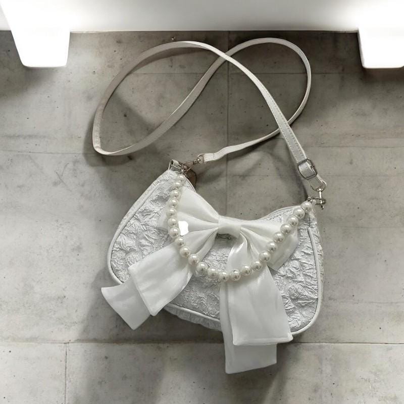 Women's Pearl Bow Canvas Handbag – Fashionable Shoulder Bag, Trendy Handbag, Phone Large Storage Purse, Winter Designer Crossbody Bag