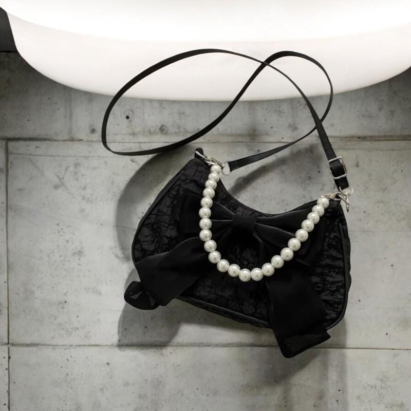 Women's Pearl Bow Canvas Handbag – Fashionable Shoulder Bag, Trendy Handbag, Phone Large Storage Purse, Winter Designer Crossbody Bag