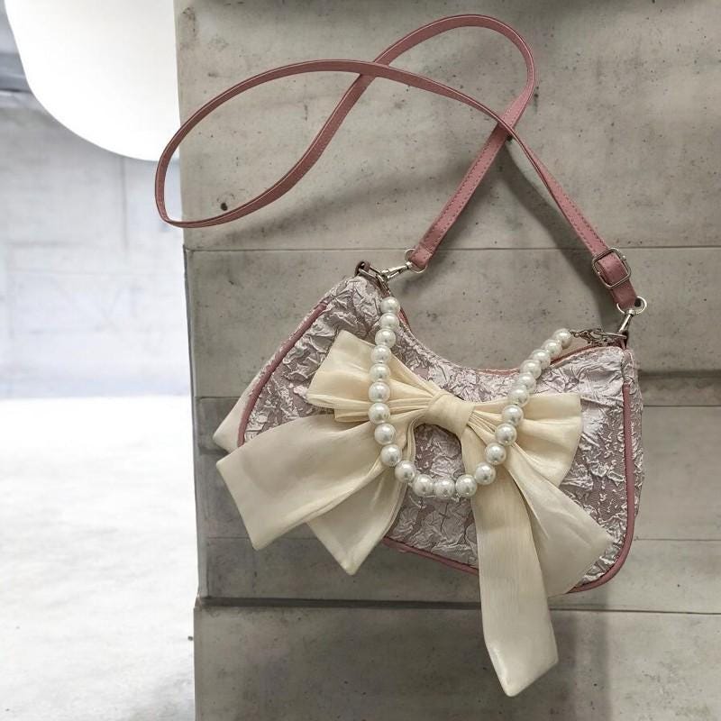 Women's Pearl Bow Canvas Handbag – Fashionable Shoulder Bag, Trendy Handbag, Phone Large Storage Purse, Winter Designer Crossbody Bag