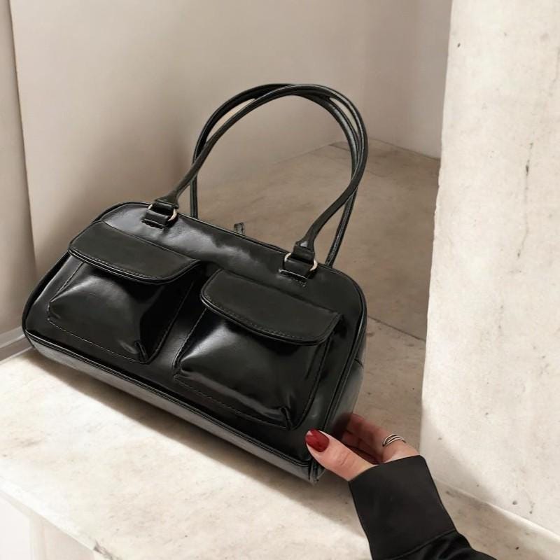 Vintage PU Leather Shoulder Bag | Double Pocket Design Underarm Handbag for Women | Stylish Commuter Women Handbag and Purse for Ladies