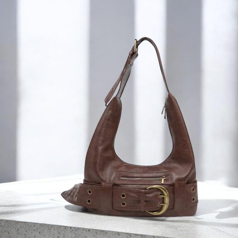 Y2K Rivet Shoulder Bag | Luxury Designer PU Leather Tote | Large Capacity Hand Bag with Belt Buckle for Women | Trendy Women Hand Bag Purse
