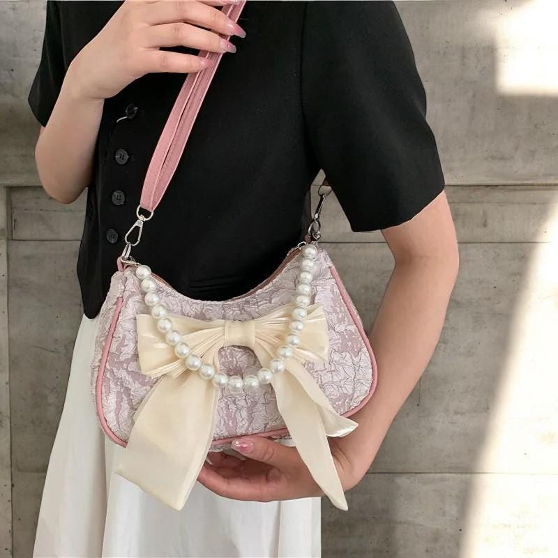 Women's Pearl Bow Canvas Handbag – Fashionable Shoulder Bag, Trendy Handbag, Phone Large Storage Purse, Winter Designer Crossbody Bag