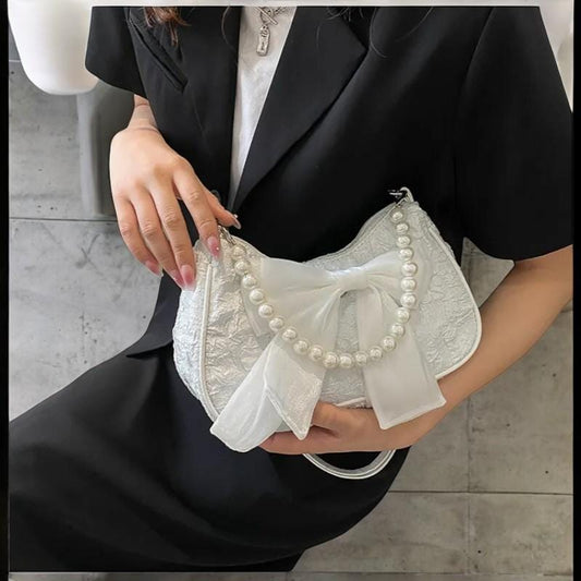 Women's Pearl Bow Canvas Handbag – Fashionable Shoulder Bag, Trendy Handbag, Phone Large Storage Purse, Winter Designer Crossbody Bag
