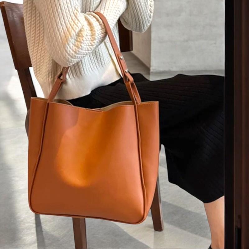 Large Capacity PU Leather Shoulder Bag - Women's Bucket Handbag, Retro Tote Bag, Solid Color Purse for Daily Use, Fashionable Handbag