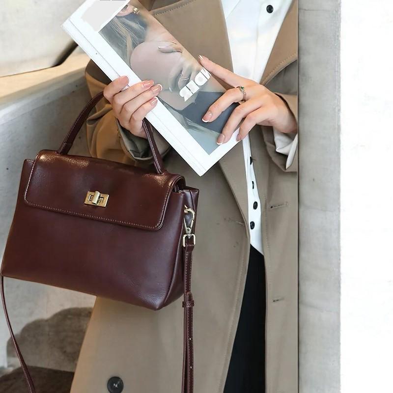 Genuine Cowhide Leather Tote Bag – Women’s Soft Leather Shoulder Bag, Crossbody Handbag, Fashion Lady Purse, Small Everyday Carry Bag