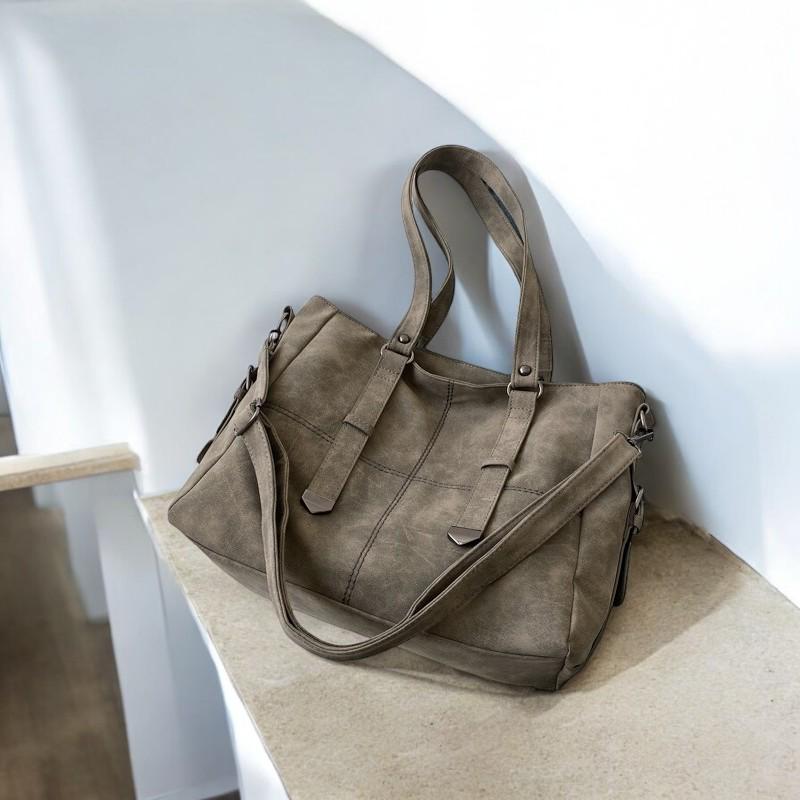 Gray Suede Shoulder Bag for Women – Retro PU Leather Tote Handbag, Large Capacity Quilted Crossbody Purse, Vintage Style Fashion Bag