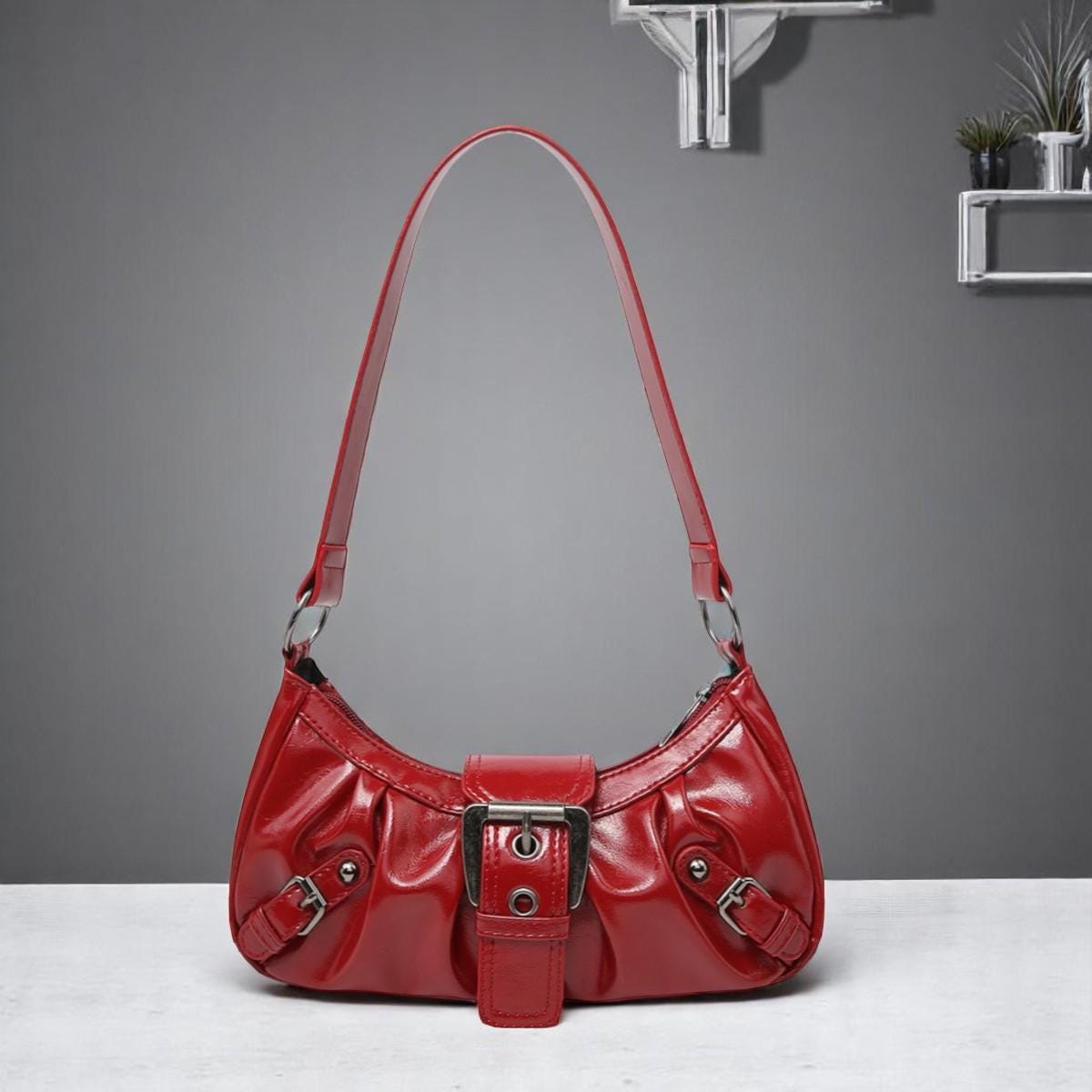 Women's Rivet Leather Shoulder Bag – Retro Pleated Armpit Purse, Trendy Maillard Handbag, Fashion Messenger Bag, Leather Bag for Women