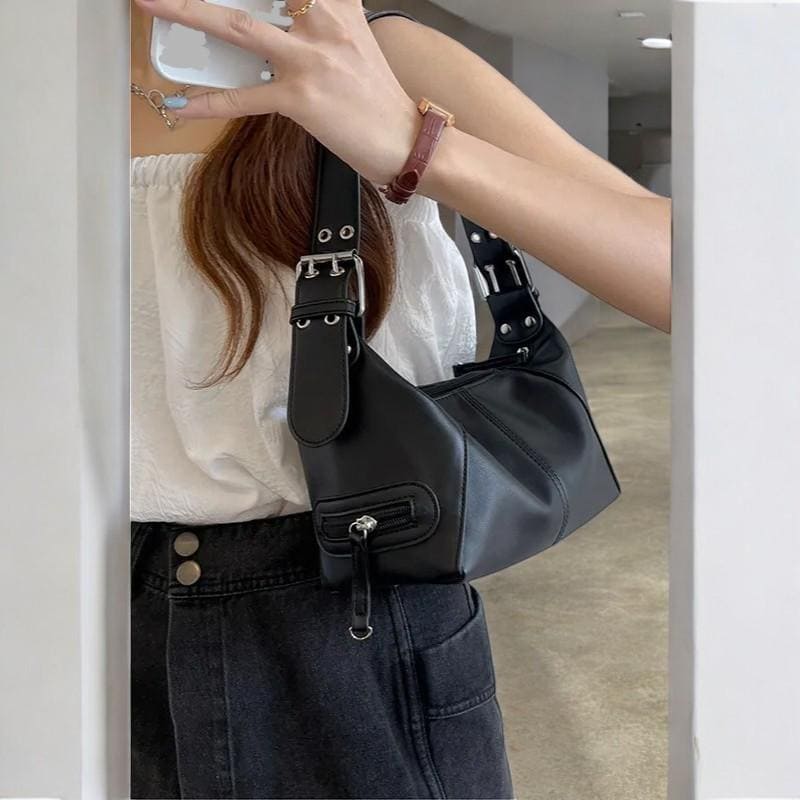 Y2K Motorcycle Shoulder Bag – Trendy PU Leather Handbag, Minimalist Crossbody Purse for Girls, Streetwear Style Small Women’s Bag