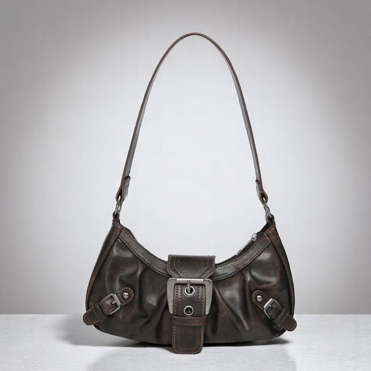 Women's Rivet Leather Shoulder Bag – Retro Pleated Armpit Purse, Trendy Maillard Handbag, Fashion Messenger Bag, Leather Bag for Women