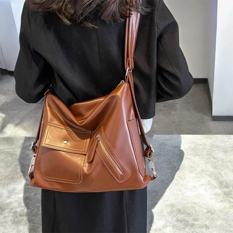 Designer PU Leather Vintage Shoulder Bag | Soft Leather High-Capacity Handbag | Trendy Streetwear Shoulder Crossbody Bag for Women