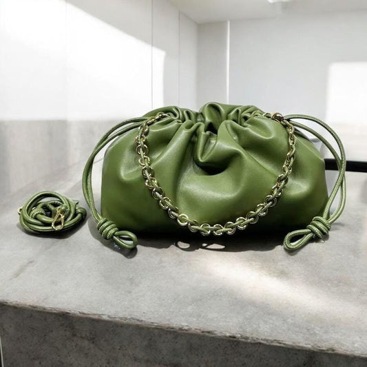 Luxury Cowhide Leather Crossbody Bag | Retro Drawstring Lucky Bag with Chain | European & American Style Shoulder Bag