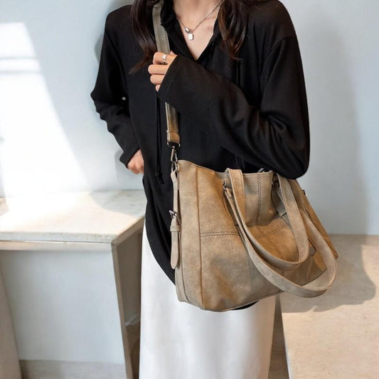 Gray Suede Shoulder Bag for Women – Retro PU Leather Tote Handbag, Large Capacity Quilted Crossbody Purse, Vintage Style Fashion Bag